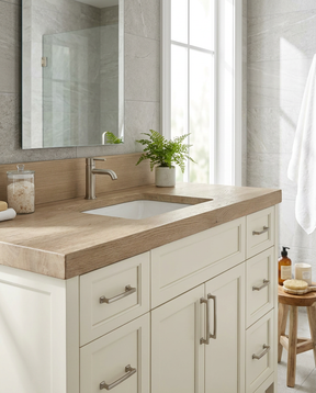 Bathroom vanity with wooden countertop, sink, and decorative elements.