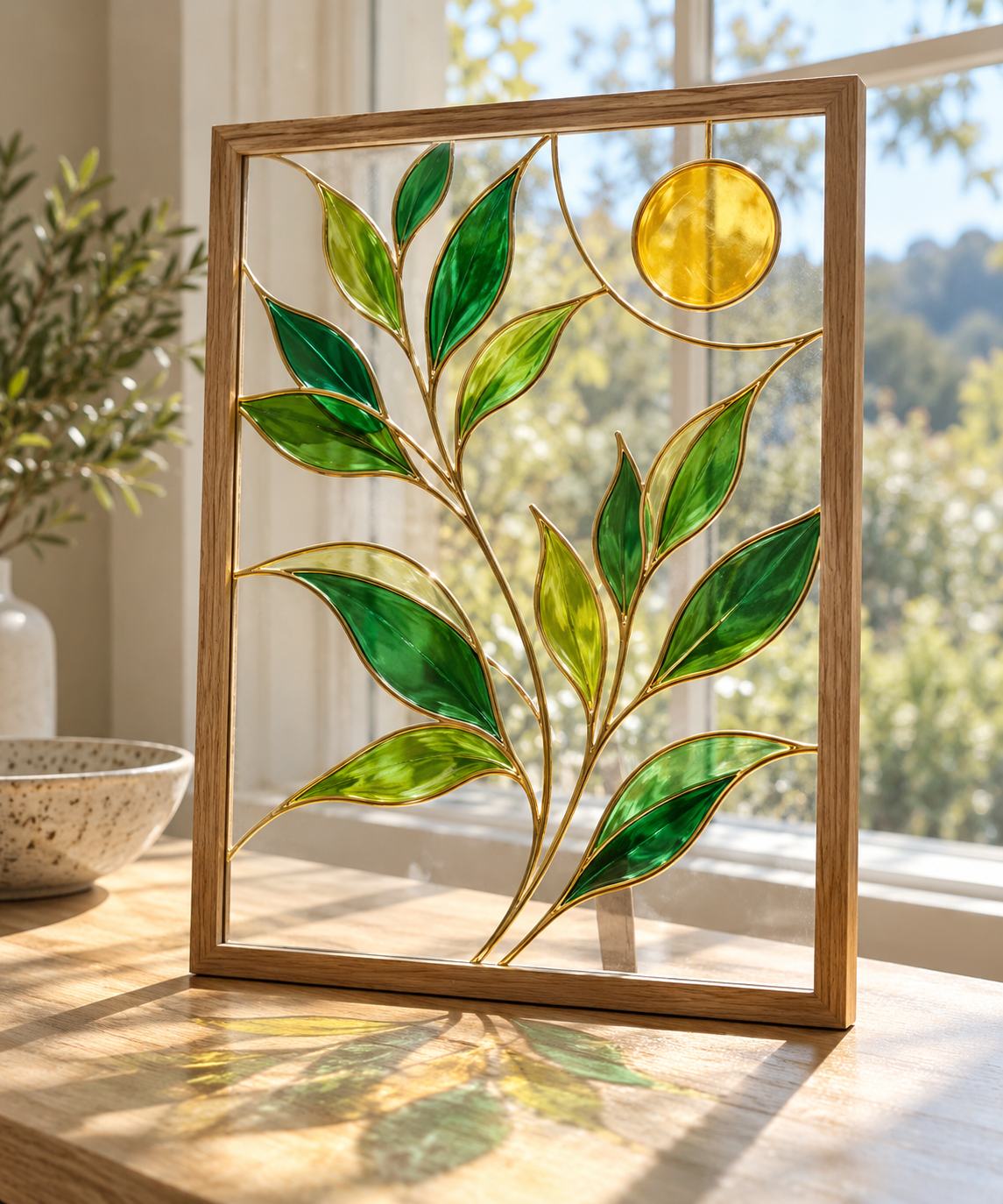 DecoArt Stained Glass Paint in red displayed on a lemon botanical stained-glass panel