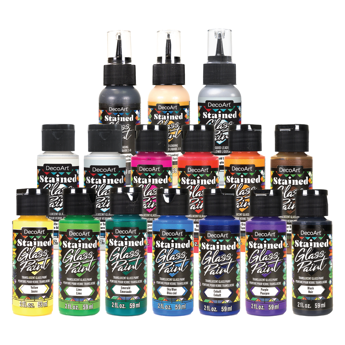 DecoArt stained glass paint complete set with vibrant colors and brushes for creating colorful stained glass art projects.