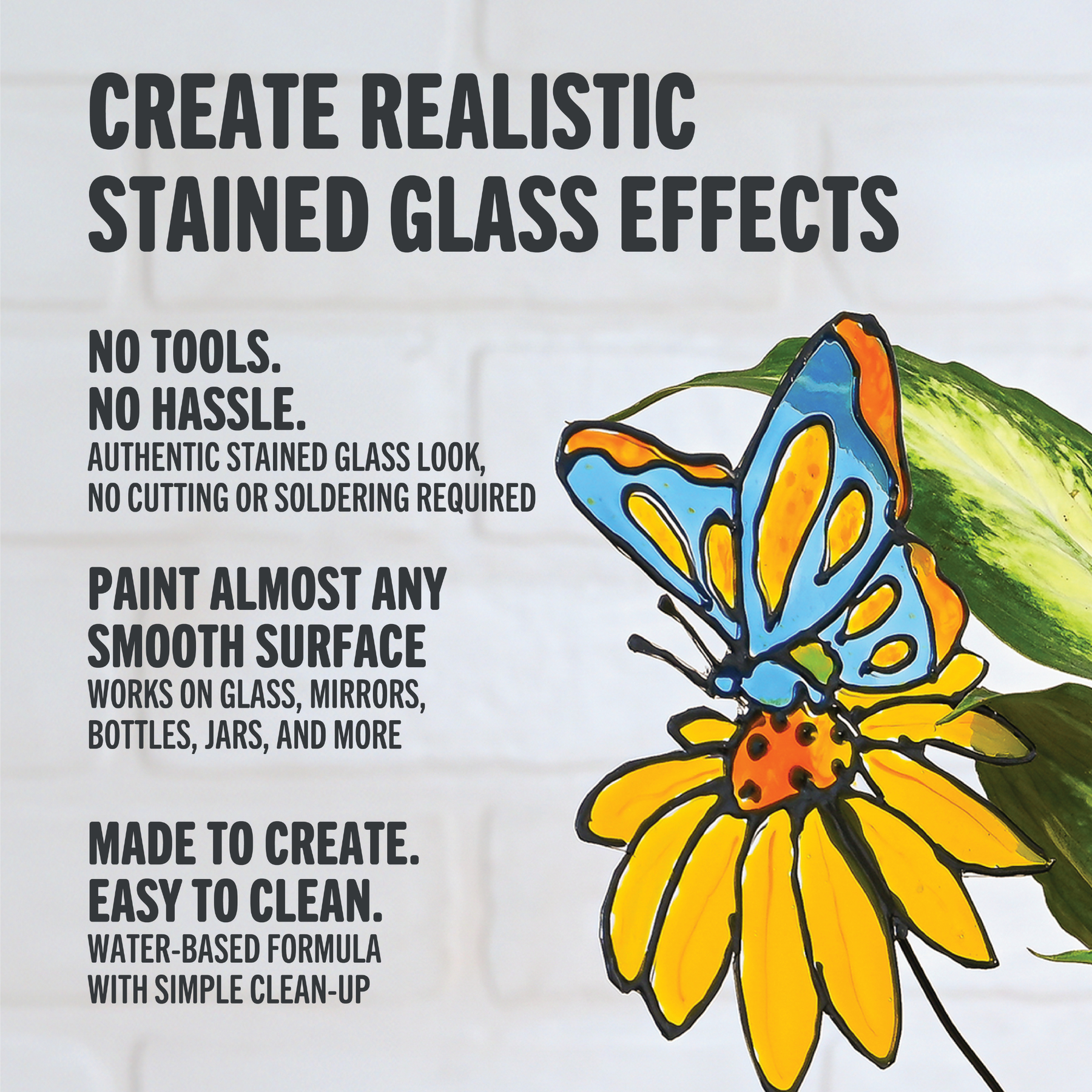 DecoArt stained glass paint set with vibrant colors and brushes, designed for creating colorful stained glass artwork and crafts.
