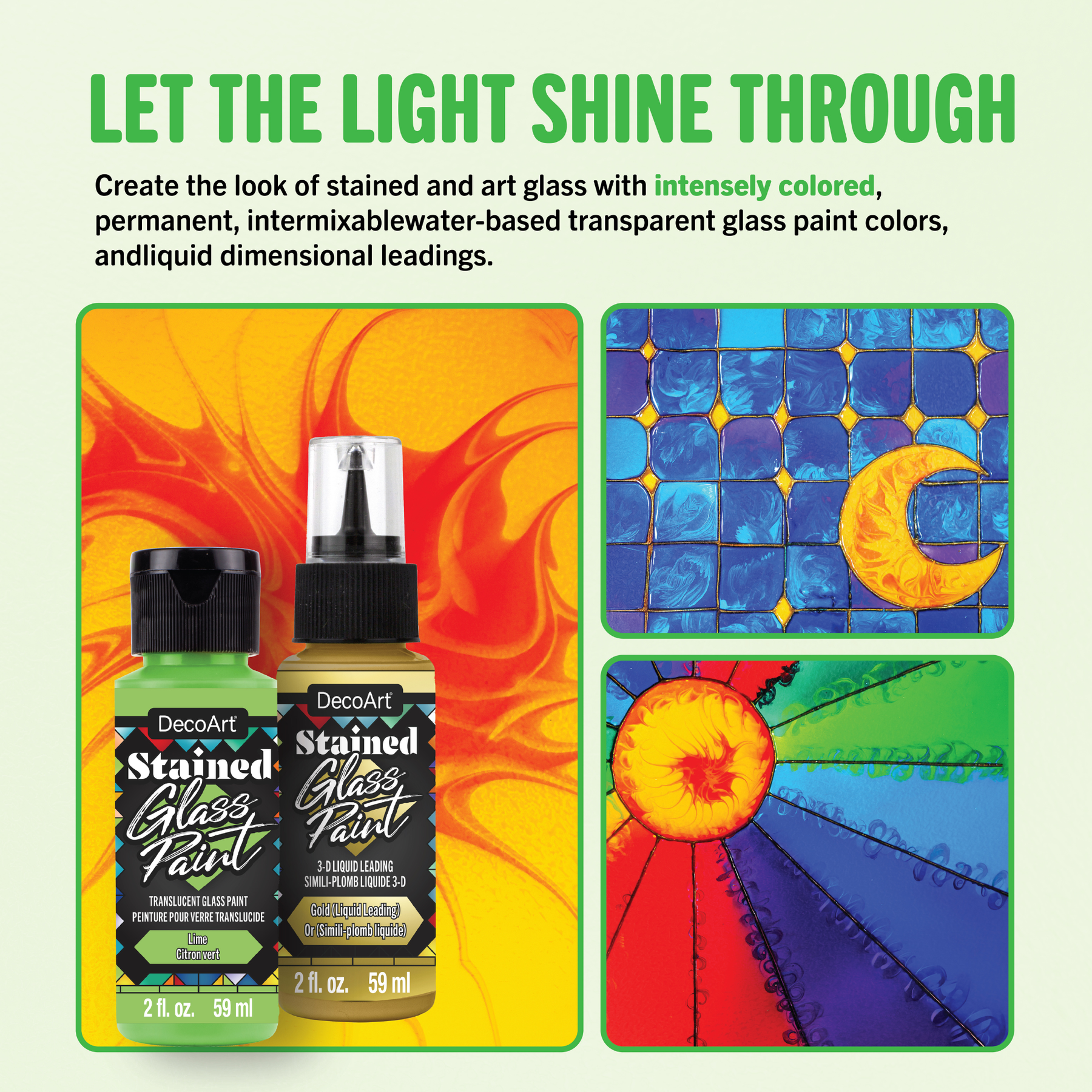 DecoArt stained glass paint complete set featuring vibrant colors and tools for creating colorful stained glass artwork.