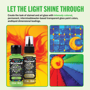 DecoArt stained glass paint complete set featuring vibrant colors and tools for creating colorful stained glass artwork.