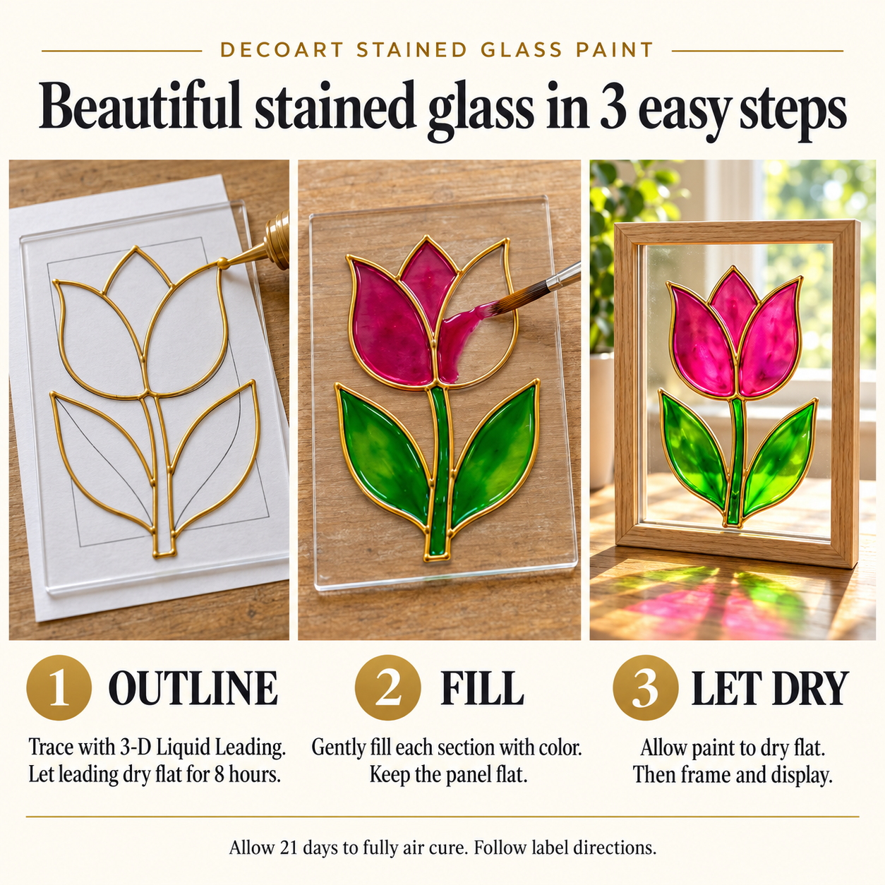 DecoArt Stained Glass Paint in red, shown with a three-step application guide