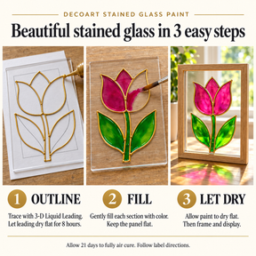 DecoArt Stained Glass Paint in red, shown with a three-step application guide