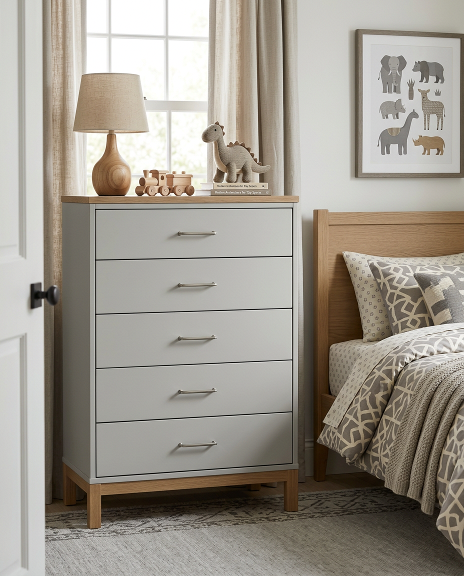 Gray dresser with wooden legs in a bedroom setting with bed and decor.