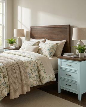 Bedroom with wooden headboard, floral bedding, and light blue nightstand.