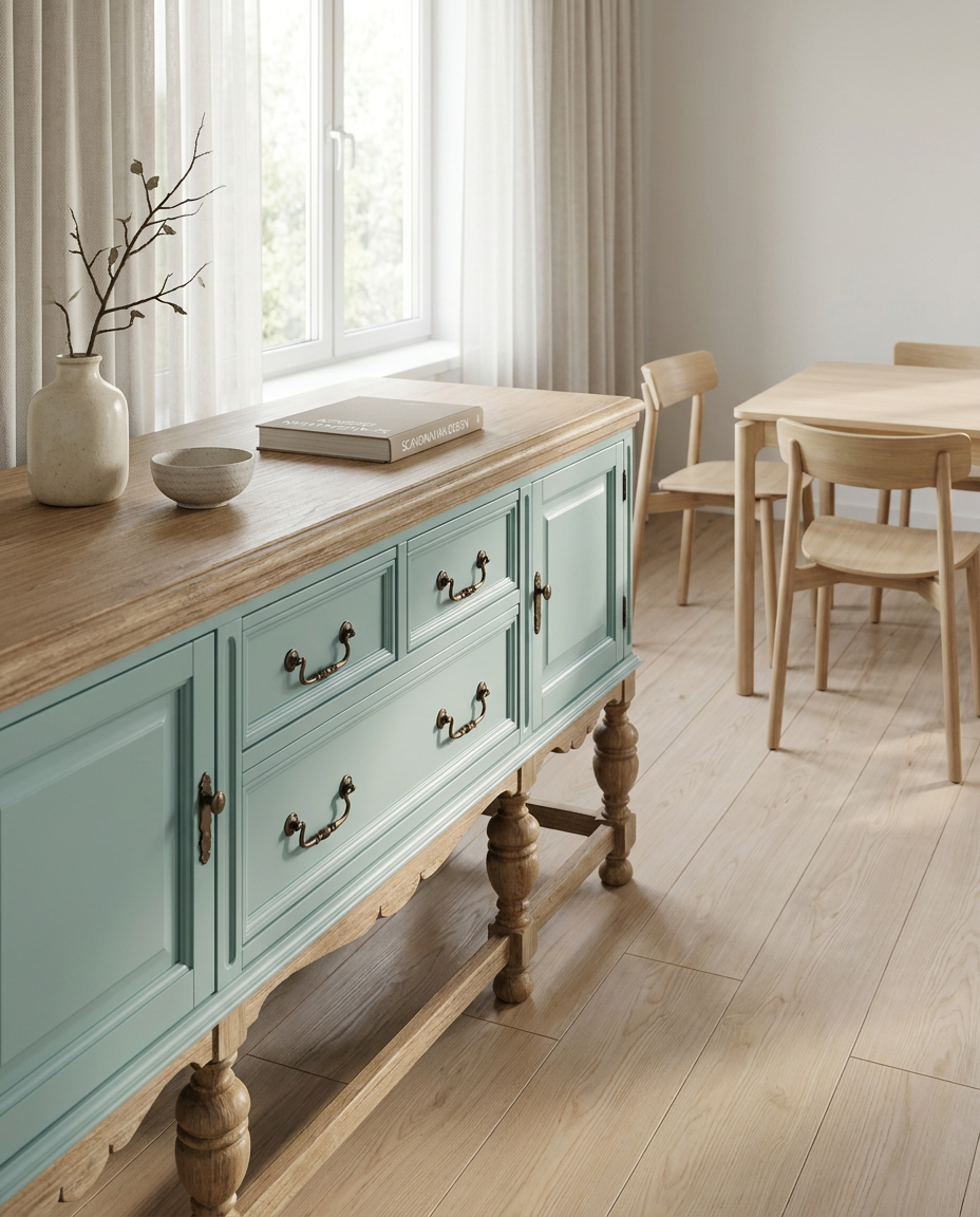 Light blue sideboard with wooden top in a bright room