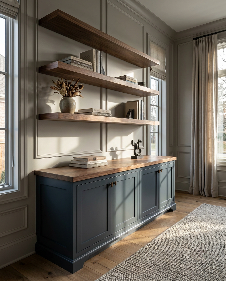 Modern interior with a dark blue cabinet and wooden shelves.
