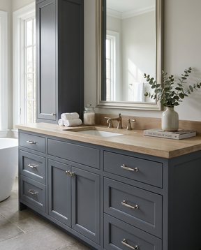 Bathroom vanity with gray cabinets, wooden countertop, and mirror.