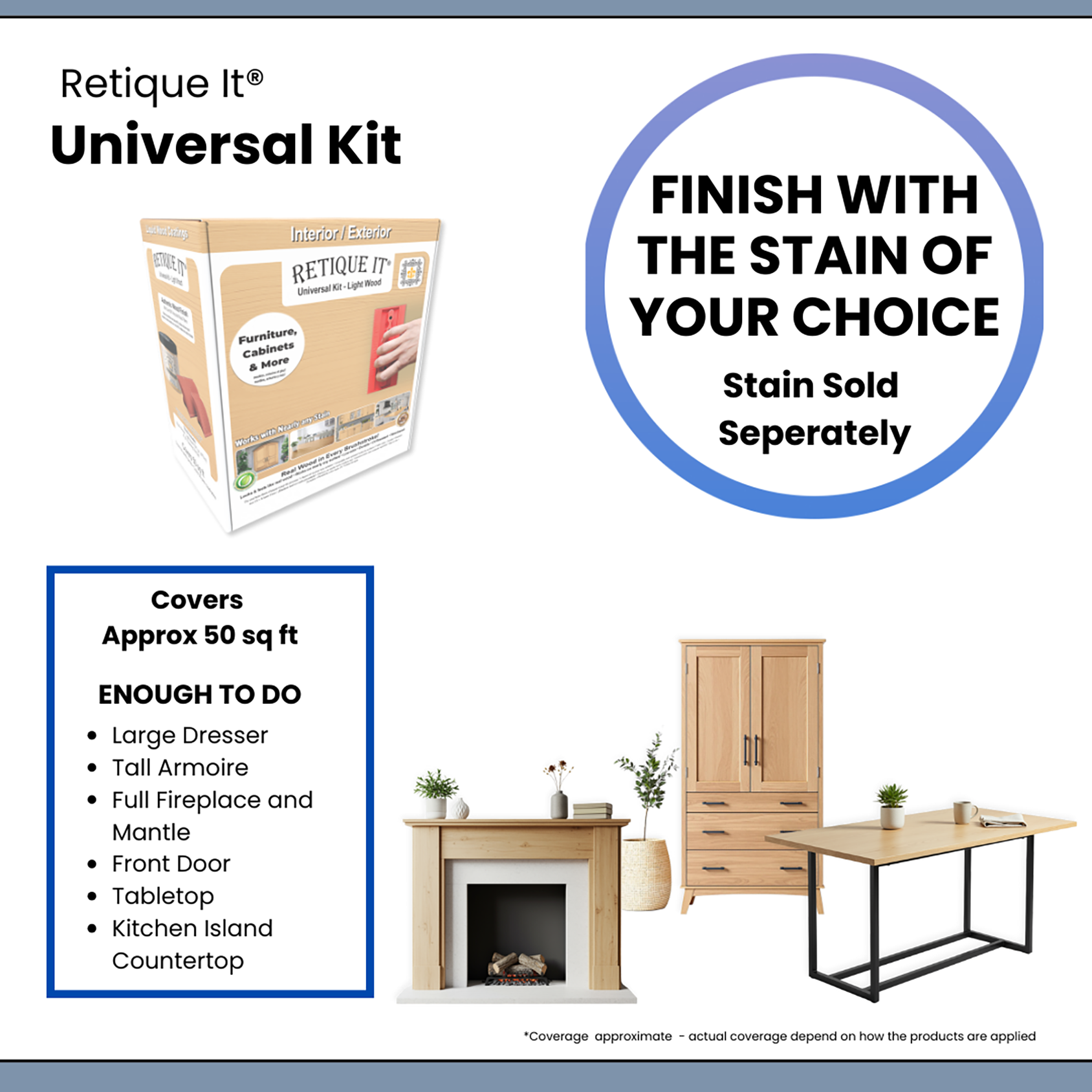 Universal Liquid Wood Kit in Light Wood by Retique It with infographic showing application and usage details.
